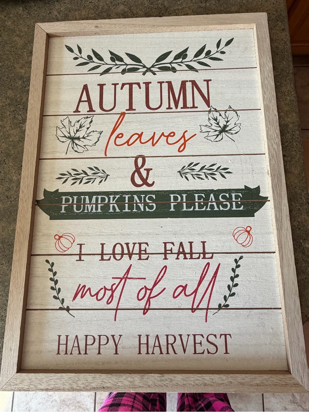 Autumn Leaves & Pumpkins Please Framed Wall Sign - White, Green, Rust